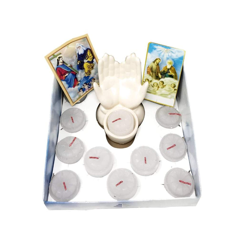 12 veladoras blancas de fin de año para dar gracias a la Santísima Trinidad. Con manos de cerámica - Librería y Artículos Religiosos San Judas Tadeo