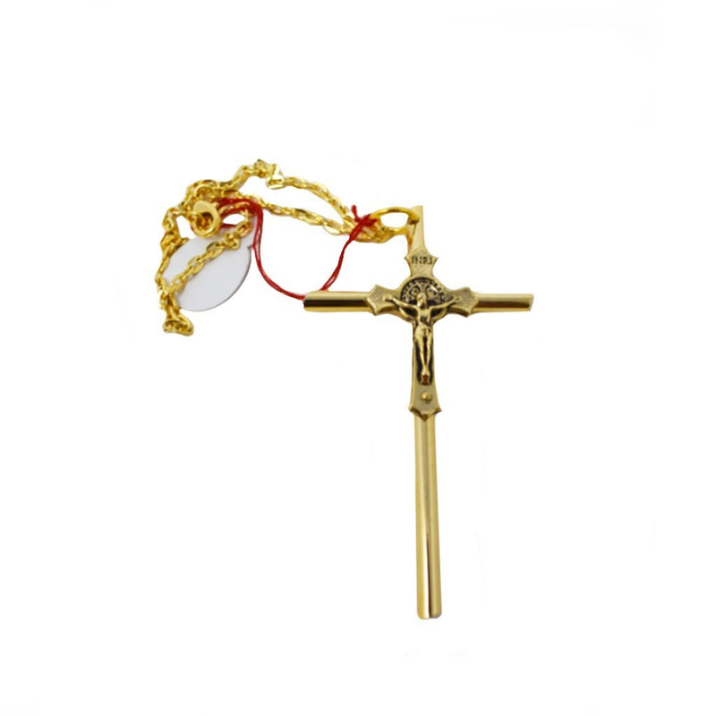 Crucifijo con cruz de San Benito, metálico dorado de pared 4.9x7.9cm - Librería y Artículos Religiosos San Judas Tadeo