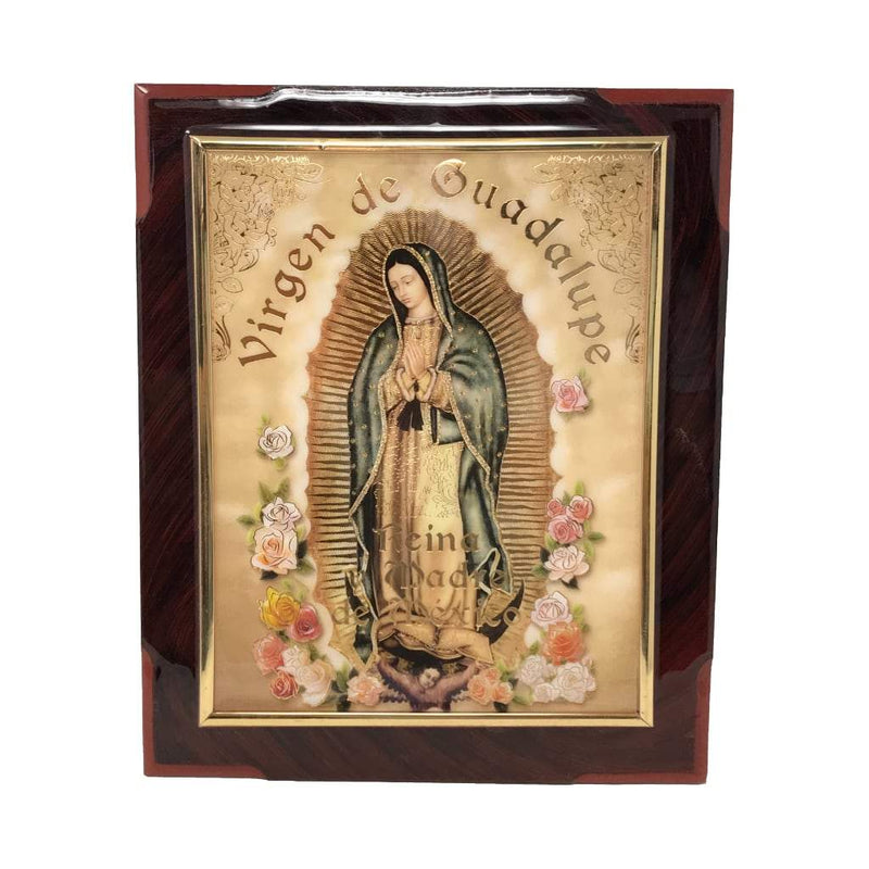 Cuadro de La Virgen de Guadalupe con flores, 24x29cm cuerpo entero - Librería y Artículos Religiosos San Judas Tadeo