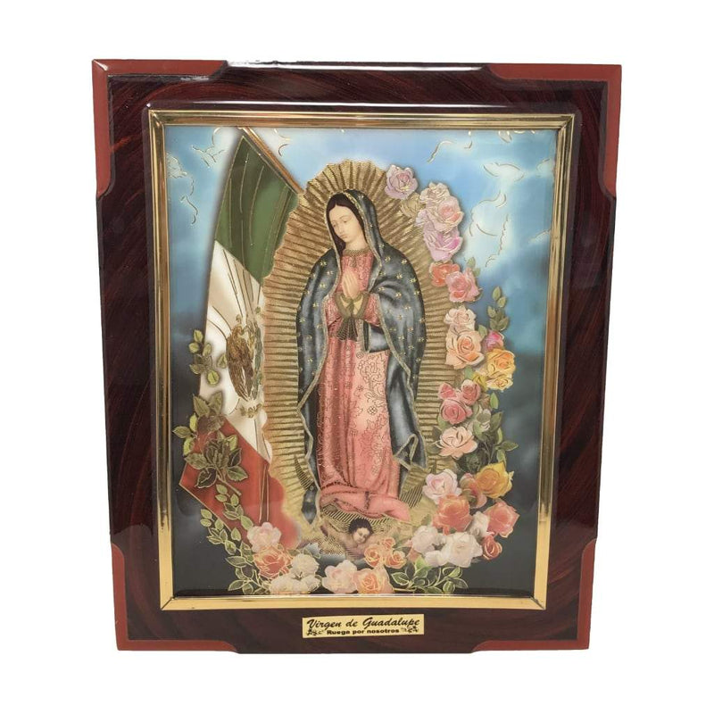 Cuadro de La Virgen de Guadalupe cuerpo entero con bandera, 24x29cm - Librería y Artículos Religiosos San Judas Tadeo
