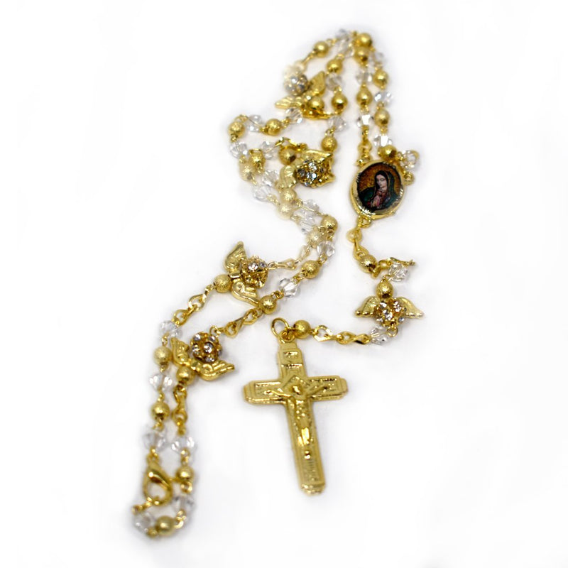 Rosario de La Virgen de Guadalupe con cuentas metálicas y de cristal cortado, dorado - Librería y Artículos Religiosos San Judas Tadeo