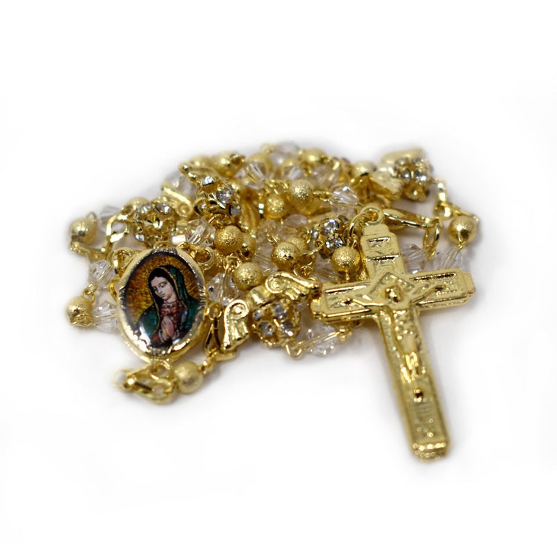Rosario de La Virgen de Guadalupe con cuentas metálicas y de cristal cortado, dorado - Librería y Artículos Religiosos San Judas Tadeo